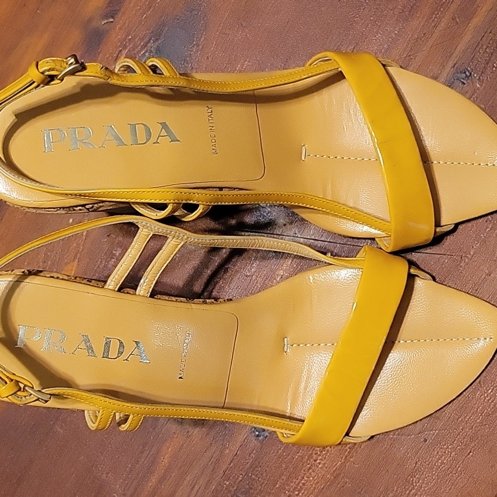 PRADA Patent Leather and Cork Wedge Strappy Sandals - Size 40 / US 10